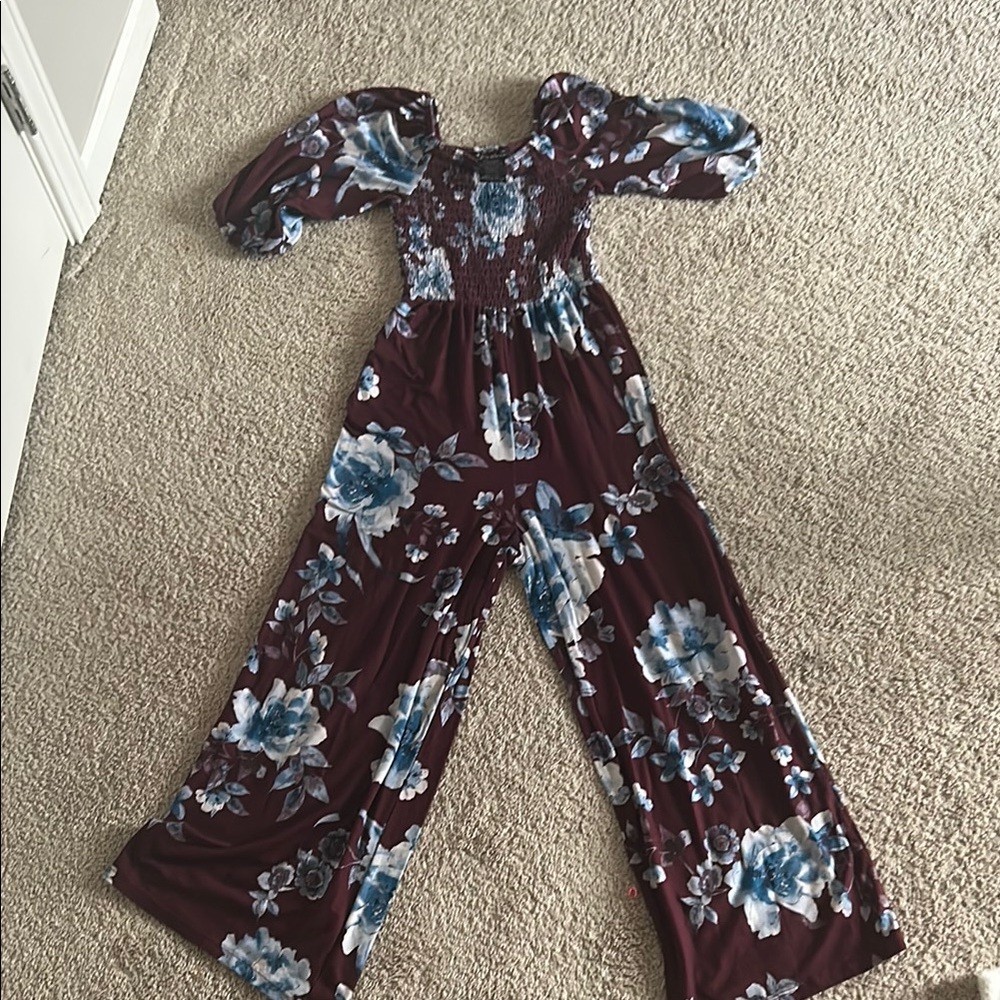 Xhilaration Brown and Blue Floral Jumpsuit with Long Sleeves